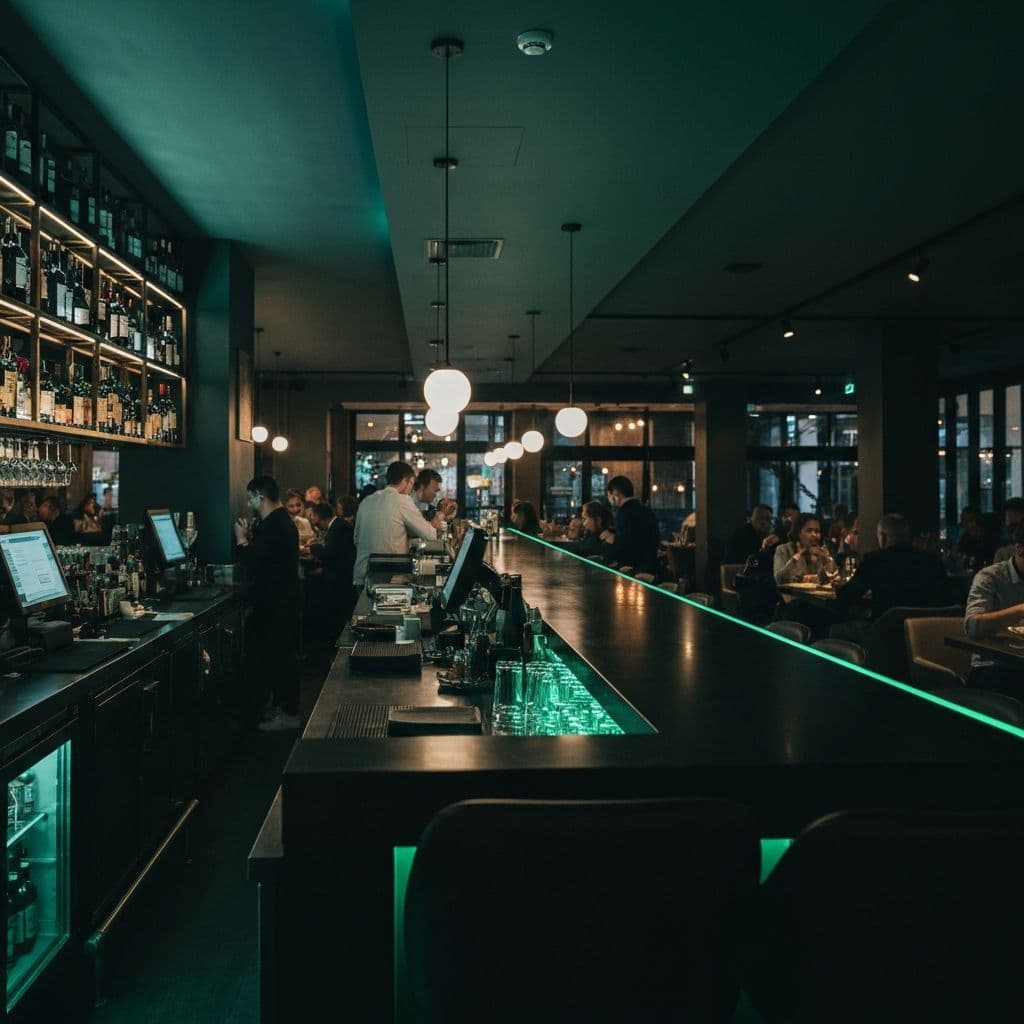 Restaurant interior with warm lighting